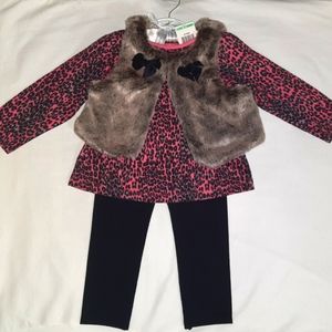 NWT 18mo First Impressions 3pc SET faux fur VEST, leggings, leopard print SHIRT